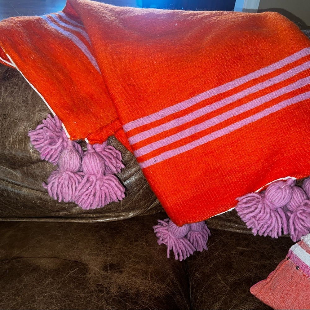 Custom Orange and Pink Striped Wool Blanket with Tassels - Picture 2 of 5